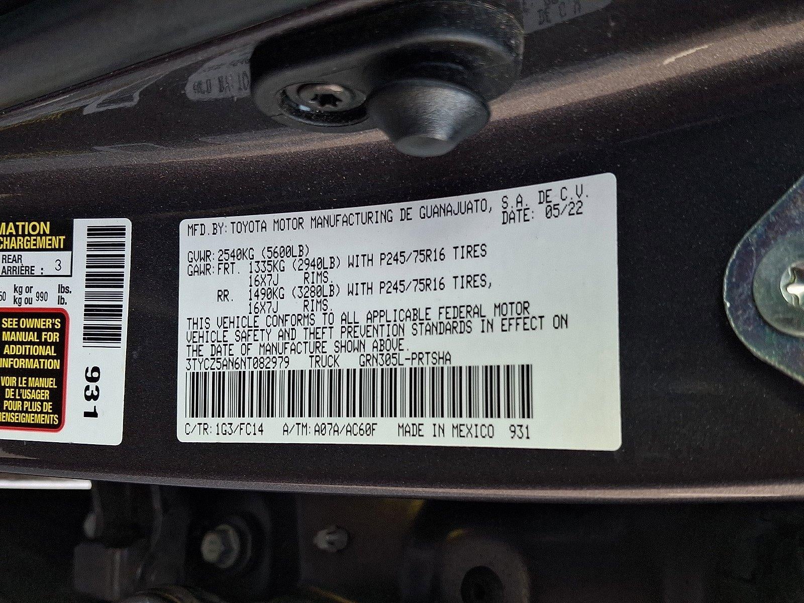 2022 Toyota Tacoma 4WD 4WD SR5 Double Cab 5' Bed V6 AT (GS)