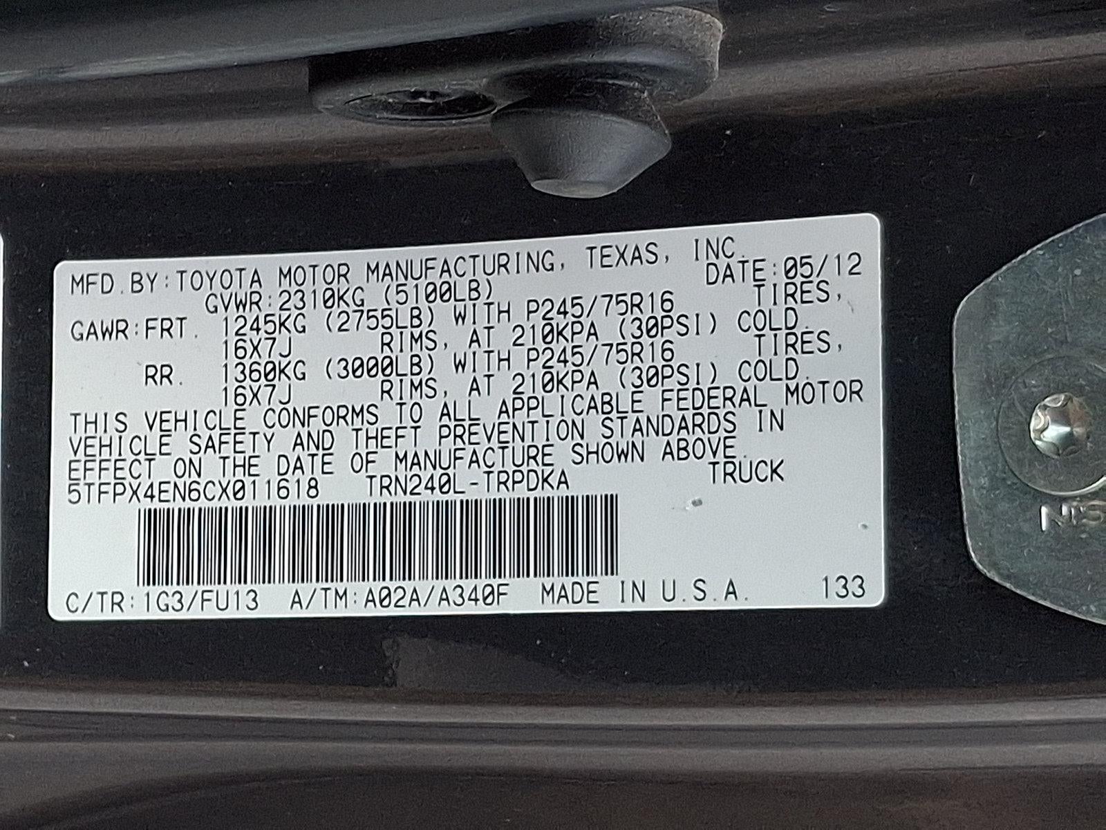 2012 Toyota Tacoma 4WD Regular Cab Standard Bed I4 Automatic (Natl)